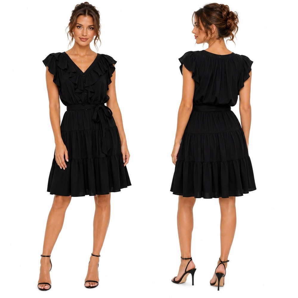 Ralph Lauren Black Dress Mini Tiered Ruffles V Neck Belted Romantic Timeless 8